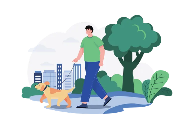 Homem fazendo caminhada matinal com cachorro  Ilustração