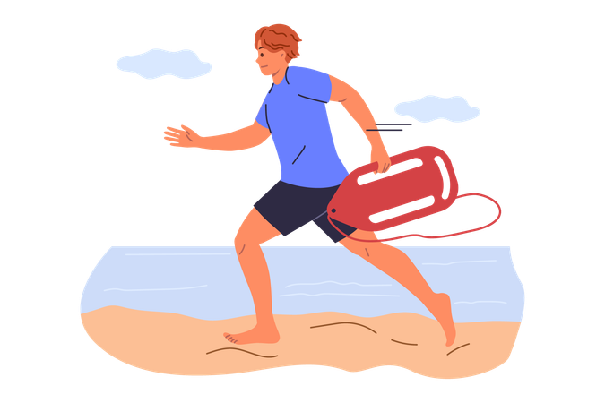 Salva-vidas corre ao longo da praia para salvar a vida de homem que precisa de ajuda e está se afogando no mar  Ilustração