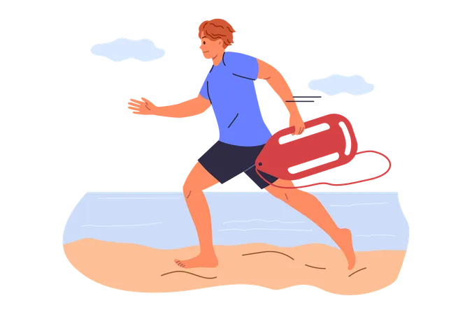 Salva-vidas corre ao longo da praia para salvar a vida de homem que precisa de ajuda e está se afogando no mar  Ilustração