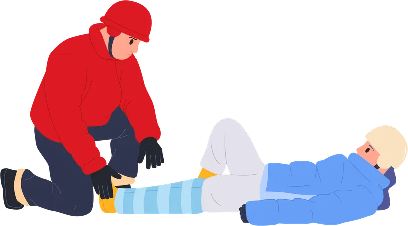 Homem socorrista de inverno enfaixa perna quebrada de vítima de esquiador para consertar osso ferido e imobilizar membro  Ilustração