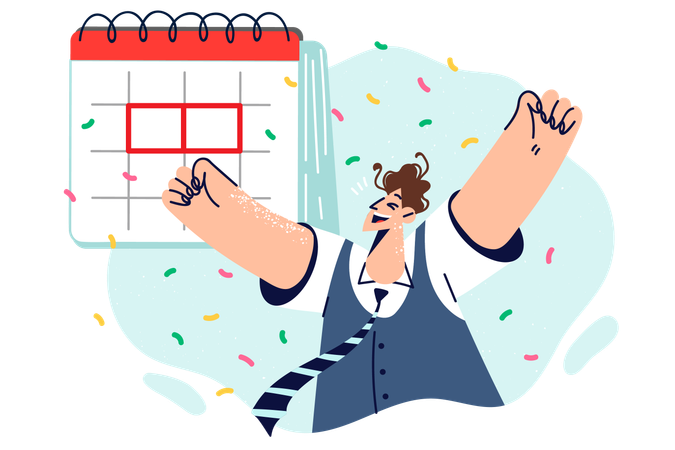 Homem satisfeito perto do calendário se alegra com a aproximação do feriado e levanta as mãos como sinal de sucesso  Ilustração