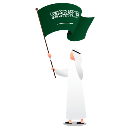 Homem saudita segurando a bandeira da Arábia Saudita  Ilustração