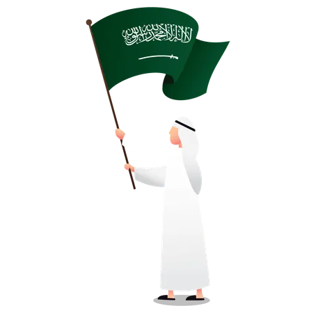 Homem saudita segurando a bandeira da Arábia Saudita  Ilustração