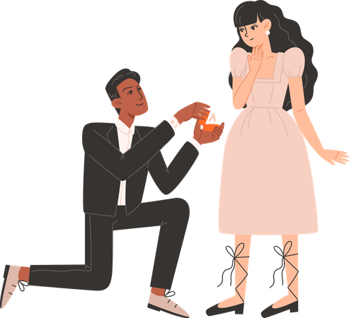 Homem se ajoelha e pede mulher em casamento  Ilustração