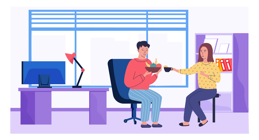 Homem se comunica com mulher e segura prato de frutas. As pessoas passam tempo no trabalho ilustração vetorial  Ilustração