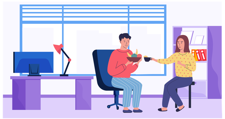 Homem se comunica com mulher e segura prato de frutas  Illustration