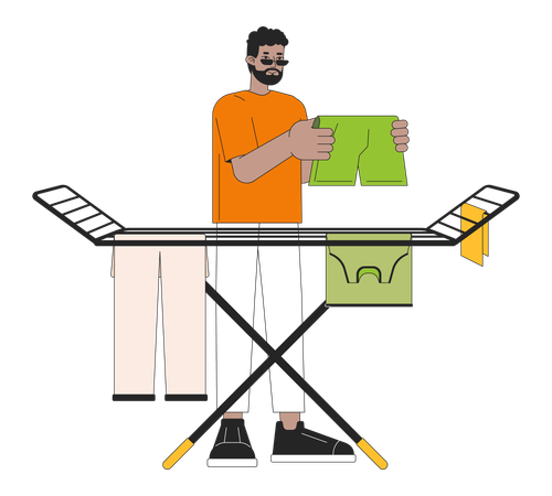 Homem secando roupas no rack  Ilustração