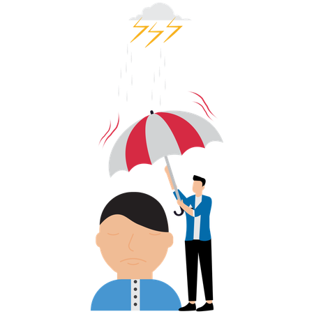 Homem segura guarda-chuva sobre a cabeça para se proteger de forte depressão causada por tempestade  Ilustração