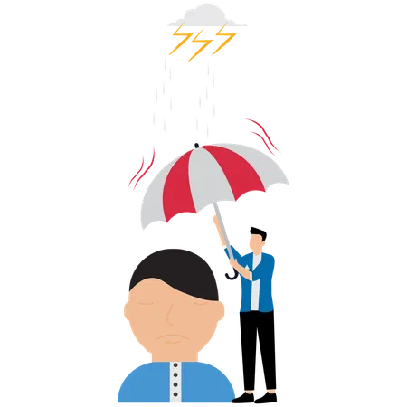 Homem segura guarda-chuva sobre a cabeça para se proteger de forte depressão causada por tempestade  Ilustração