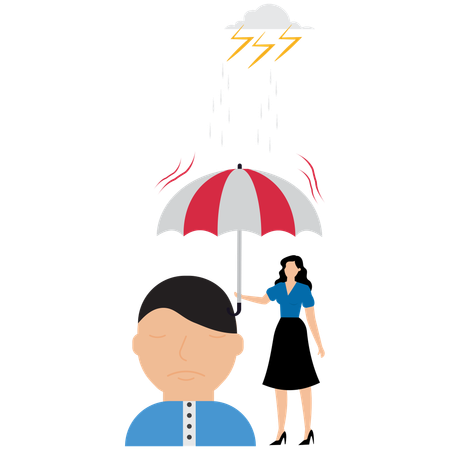 Homem segura guarda-chuva sobre a cabeça para se proteger de forte depressão causada por tempestade  Ilustração