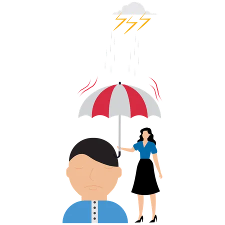 Homem segura guarda-chuva sobre a cabeça para se proteger de forte depressão causada por tempestade  Ilustração