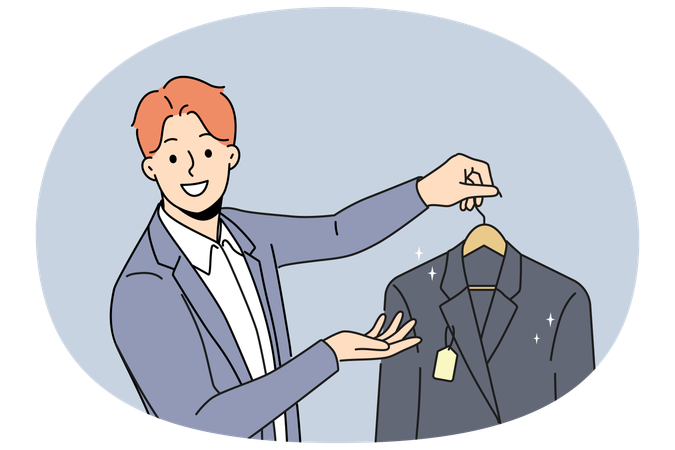 Homem segura jaqueta nova com etiqueta e se oferece para comprar roupas de trabalho para gerentes  Ilustração