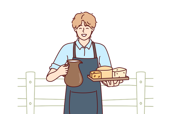 Homem segura uma jarra de leite e uma bandeja de queijo da fazenda de vacas vendendo seus próprios alimentos orgânicos  Ilustração