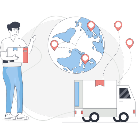 Homem segura um mapa enquanto está ao lado de um caminhão de entrega, indicando que está planejando uma rota para entregas  Ilustração