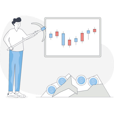 Homem segura um martelo enquanto aponta para um gráfico que indica foco na construção ou no progresso do projeto  Ilustração