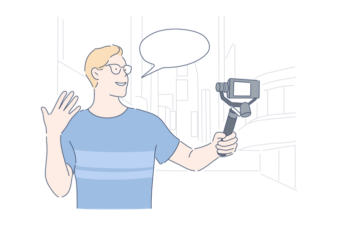 Homem segurando a câmera e fazendo vlog  Ilustração