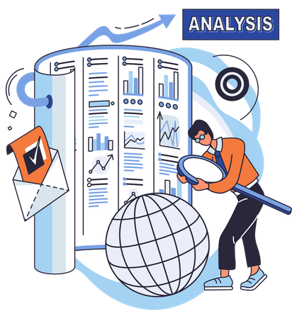 Homem segurando lupa e analisando big data  Ilustração