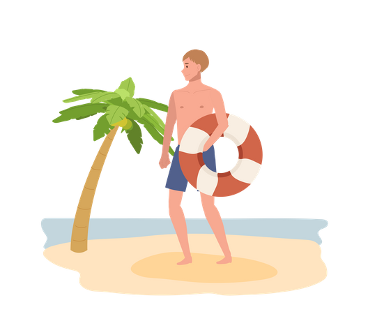 Homem segurando anel de natação na praia  Ilustração