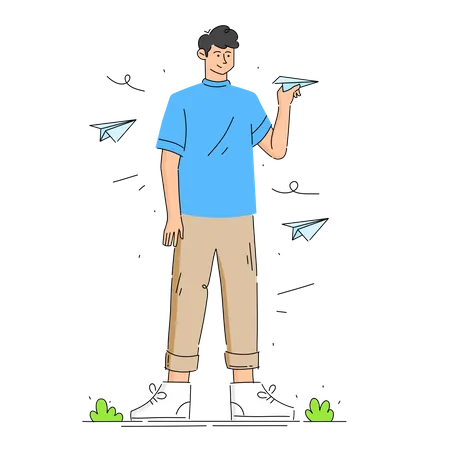 Homem segurando um avião de papel  Ilustração