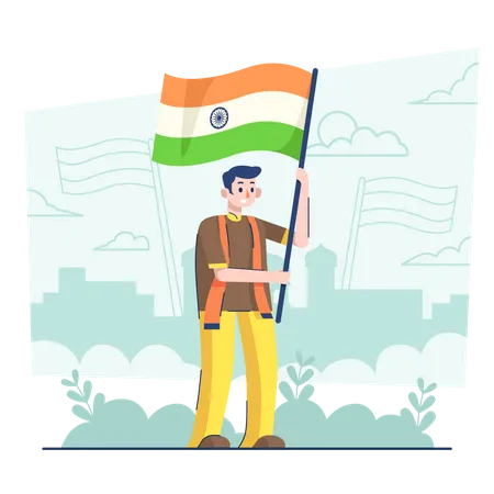 Homem segurando bandeira no dia da república indiana  Ilustração