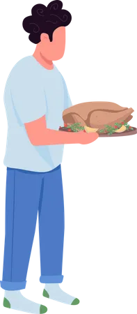 Homem segurando a bandeja com peru  Ilustração