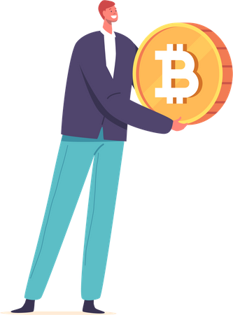 Homem segurando bitcoin  Ilustração