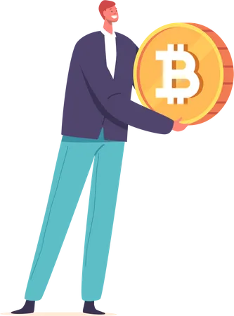 Homem segurando bitcoin  Ilustração