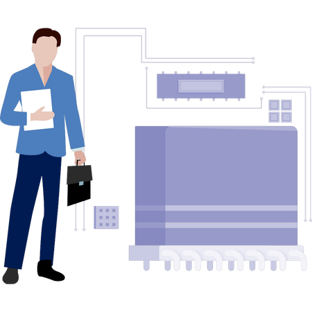 Homem segurando bolsa visualizando no microsistema  Ilustração