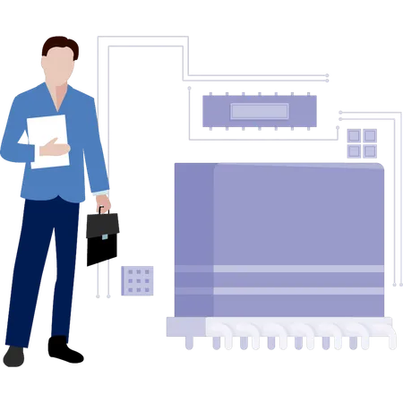 Homem segurando bolsa visualizando no microsistema  Ilustração