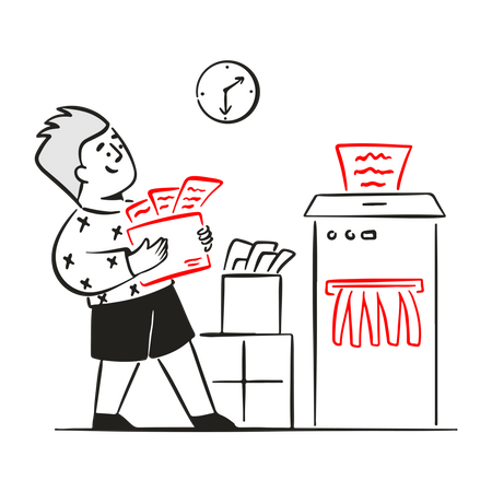 Homem segurando caixa de documentos e destruindo dados desnecessários  Ilustração