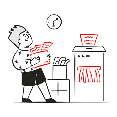 Homem segurando caixa de documentos e destruindo dados desnecessários  Ilustração
