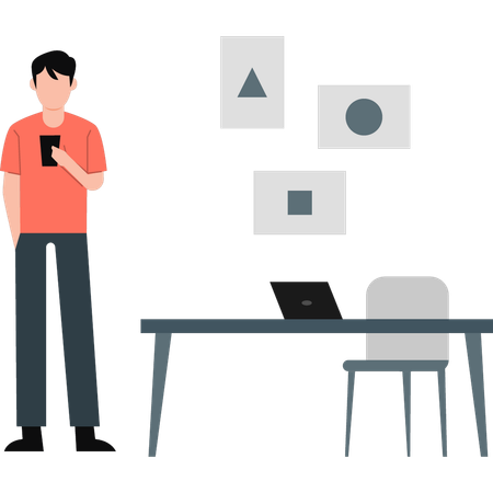 Homem segurando celular no escritório  Ilustração