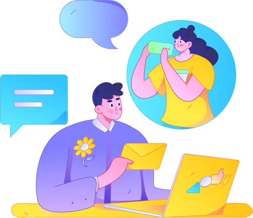 Homem segurando uma correspondência enquanto conversa online  Ilustração