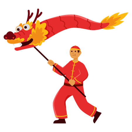 Homem segurando um dragão chinês  Ilustração