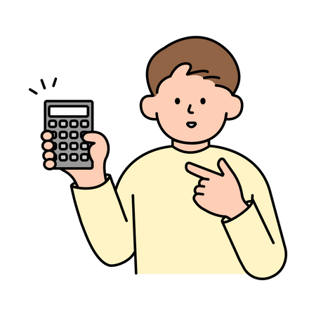 Homem segurando e apontando para a calculadora  Ilustração