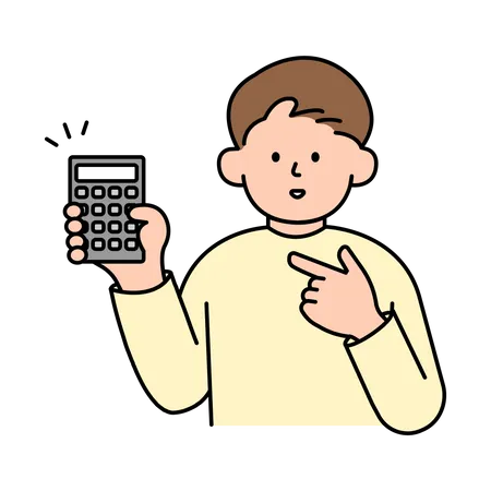 Homem segurando e apontando para a calculadora  Ilustração