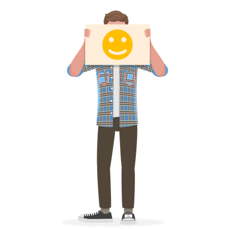 Homem segurando uma placa de emoji feliz  Ilustração