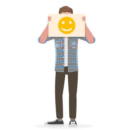 Homem segurando uma placa de emoji feliz  Ilustração