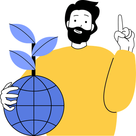 Homem segurando globo com planta  Ilustração