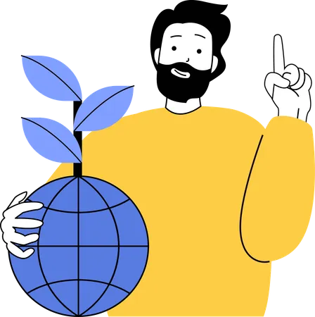 Homem segurando globo com planta  Ilustração