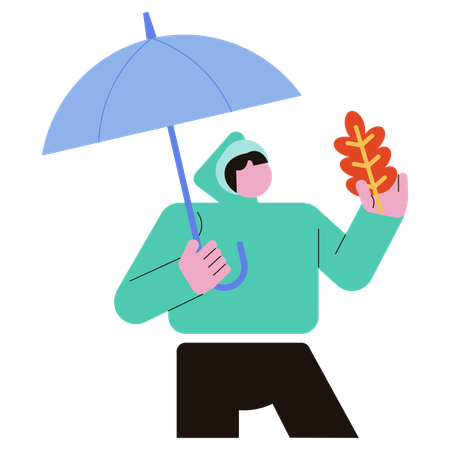 Homem segurando guarda-chuva e aproveitando o clima de outono  Ilustração