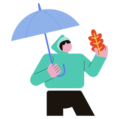 Homem segurando guarda-chuva e aproveitando o clima de outono  Ilustração