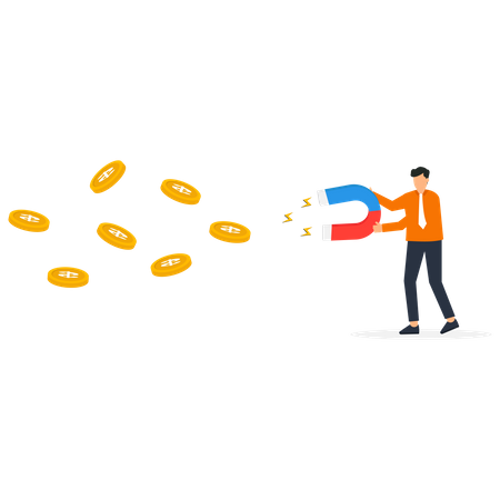 Homem segurando ímã e atraindo dinheiro  Ilustração