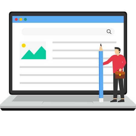 Homem segurando um lápis com conteúdo do site  Ilustração