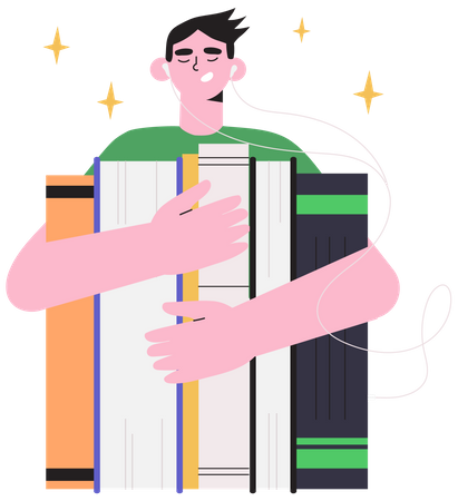 Homem segurando livros nas mãos e ouvindo-os e lendo-os on-line  Ilustração