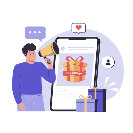 Homem segurando megafone e anunciando sorteio de postagem em mídia social  Ilustração