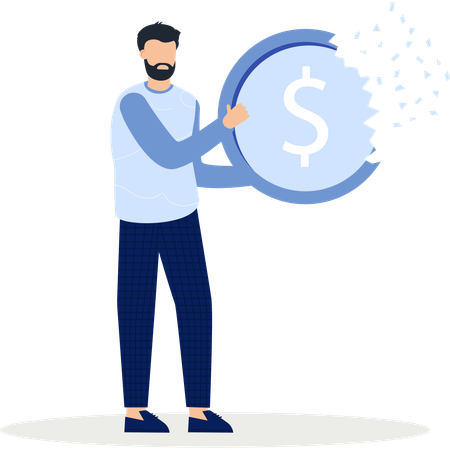 Homem segurando moeda com cifrão danificado - Crise financeira  Ilustração