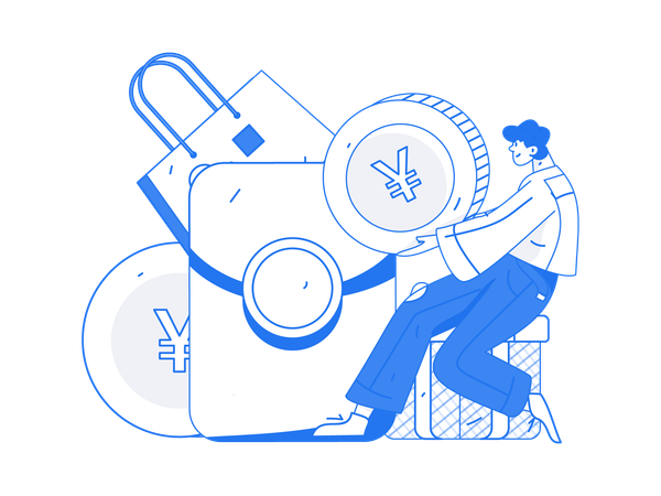Homem segurando moeda de iene  Ilustração