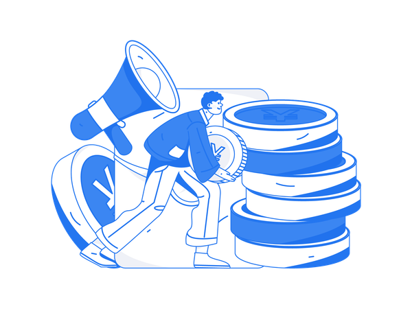 Homem segurando moeda de iene  Ilustração