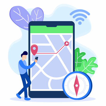 Homem segurando celular e encontrando localização  Ilustração